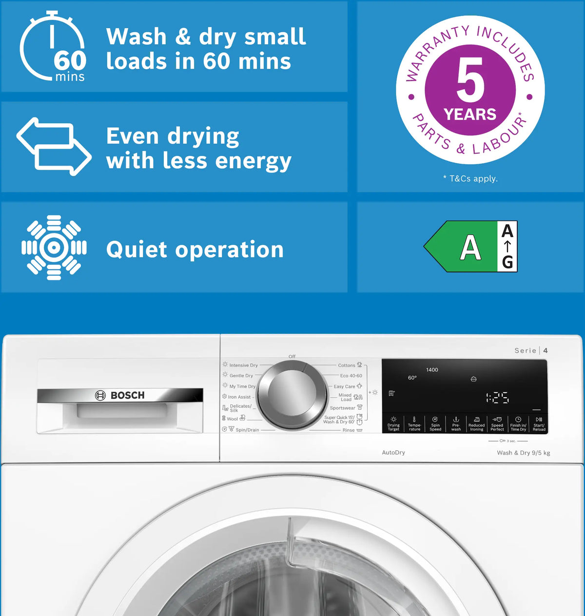 Series 4 9kg Wash / 5kg Dry 1400rpm Washer Dryer – White | WNA144V9GB
