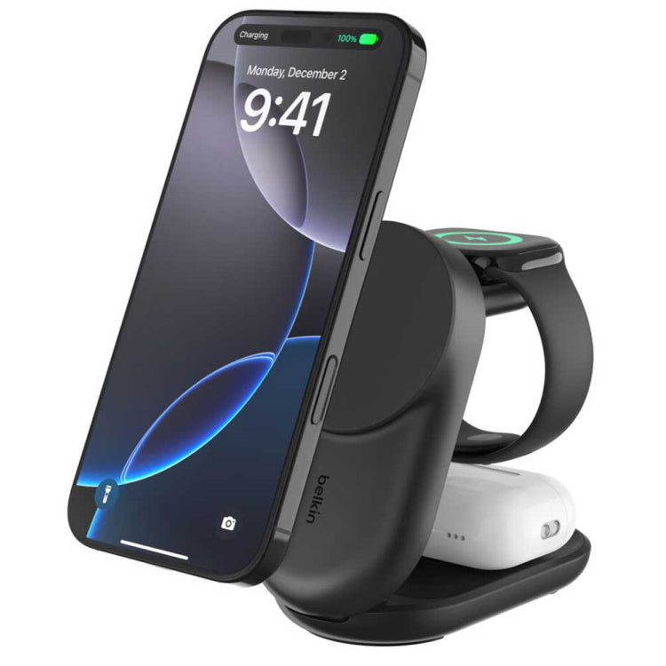 Belkin UltraCharge 3-in-1 Foldable Qi2 25W Magnetic Charger, Black WIZ037MYBK Wireless Charger