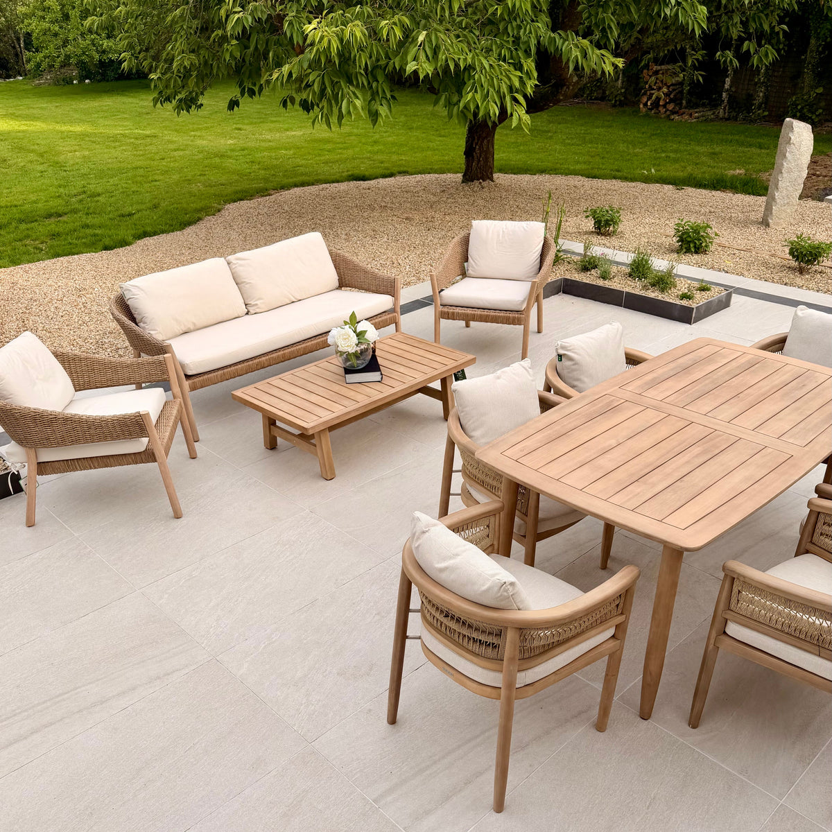 Hera 6 Seat Rattan Dining Wooden Set with Rectangular Table