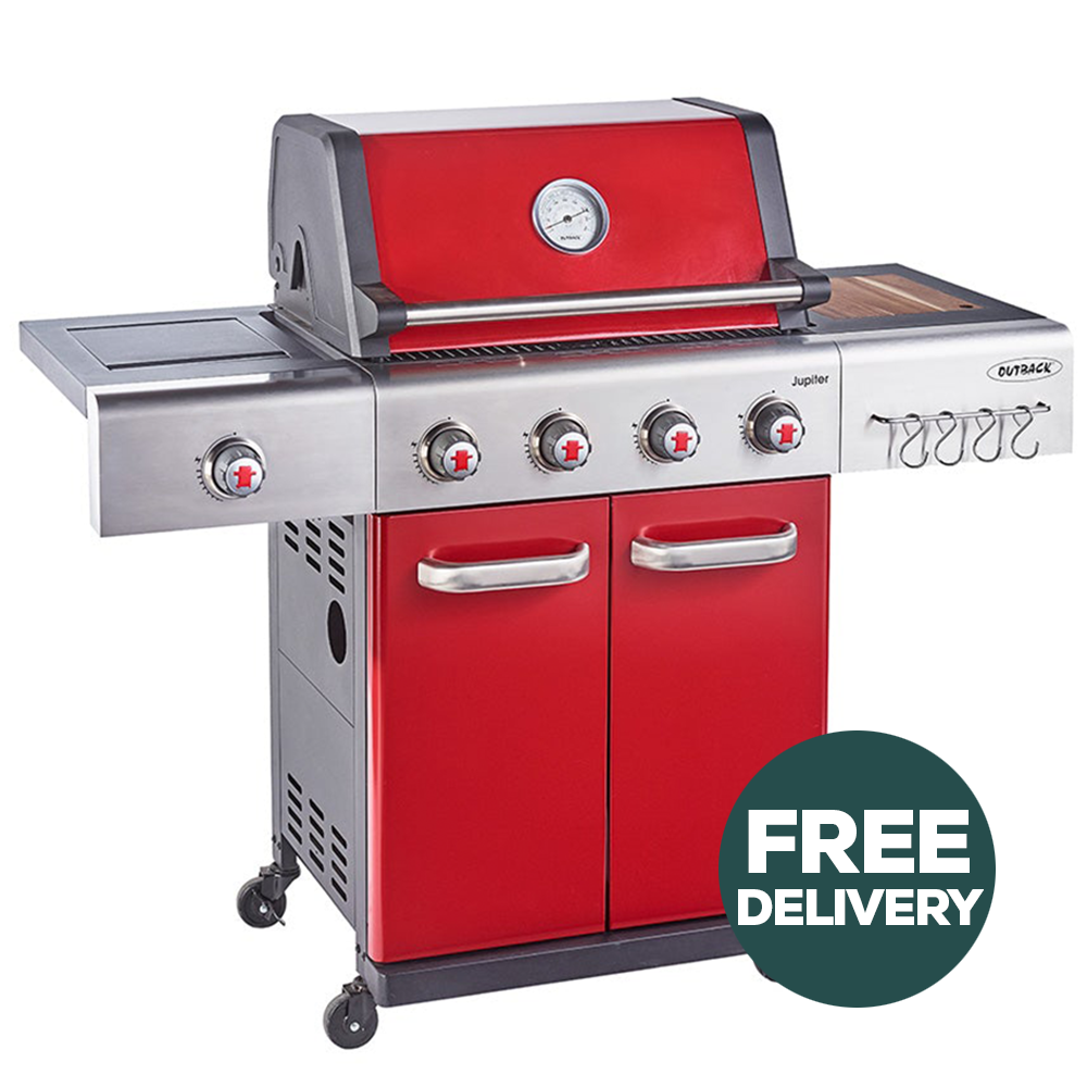 Jupiter 4 Burner Hybrid BBQ with Chopping Board | Red - Redmond Electric