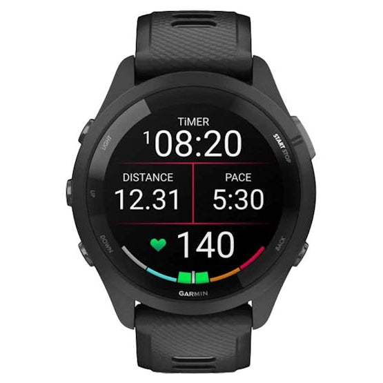 Black Garmin smartwatch displaying fitness metrics on a white background