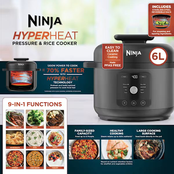 Ninja HyperHeat 9 in 1 Pressure & Rice Cooker, 6L, Black PC201UK