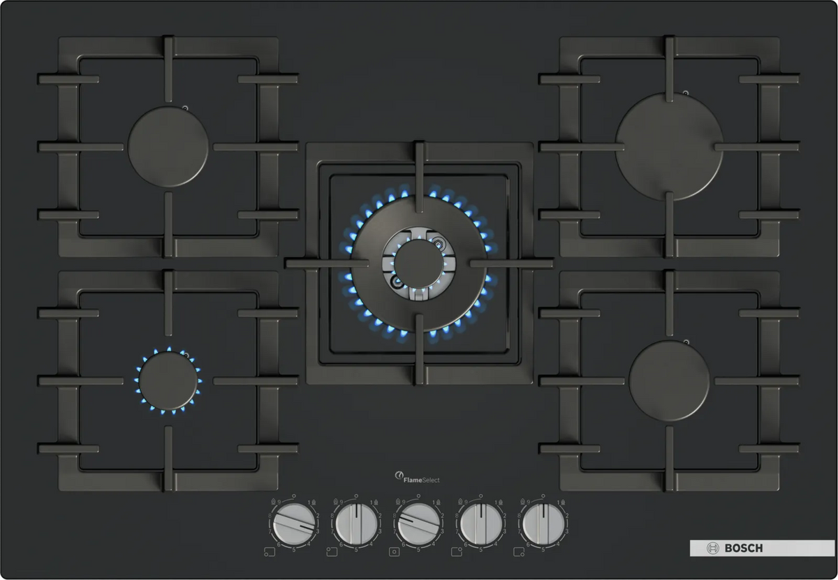 Bosch PPQ7A6I40 Series 6 75cm 5 burner gas hob with wok burner in Black tempered glass