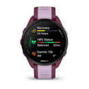 Smartwatch with a purple band displaying health and fitness metrics on a white background