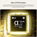Promotional graphic for the LG alpha 7 AI Processor Gen9, showing a glowing central processor chip with text above reading 'New a7 AI Processor' and 'Driven by enhanced GPU and CPU power, the alpha 7 AI Processor 4K Gen9 performs nano-scale image optimisation to deliver 4K clarity with improved contrast and depth.'.