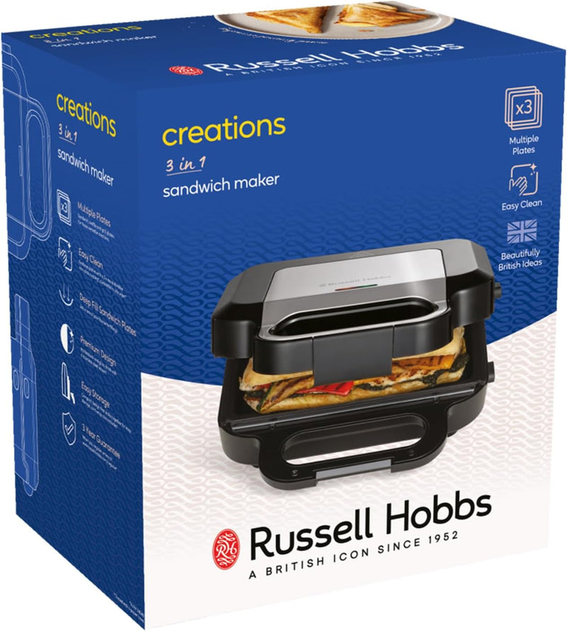 Russell Hobbs Creations 3-in-1 Sandwich, Waffle & Panini Maker | Black- 26810 Redmond Electric Gorey