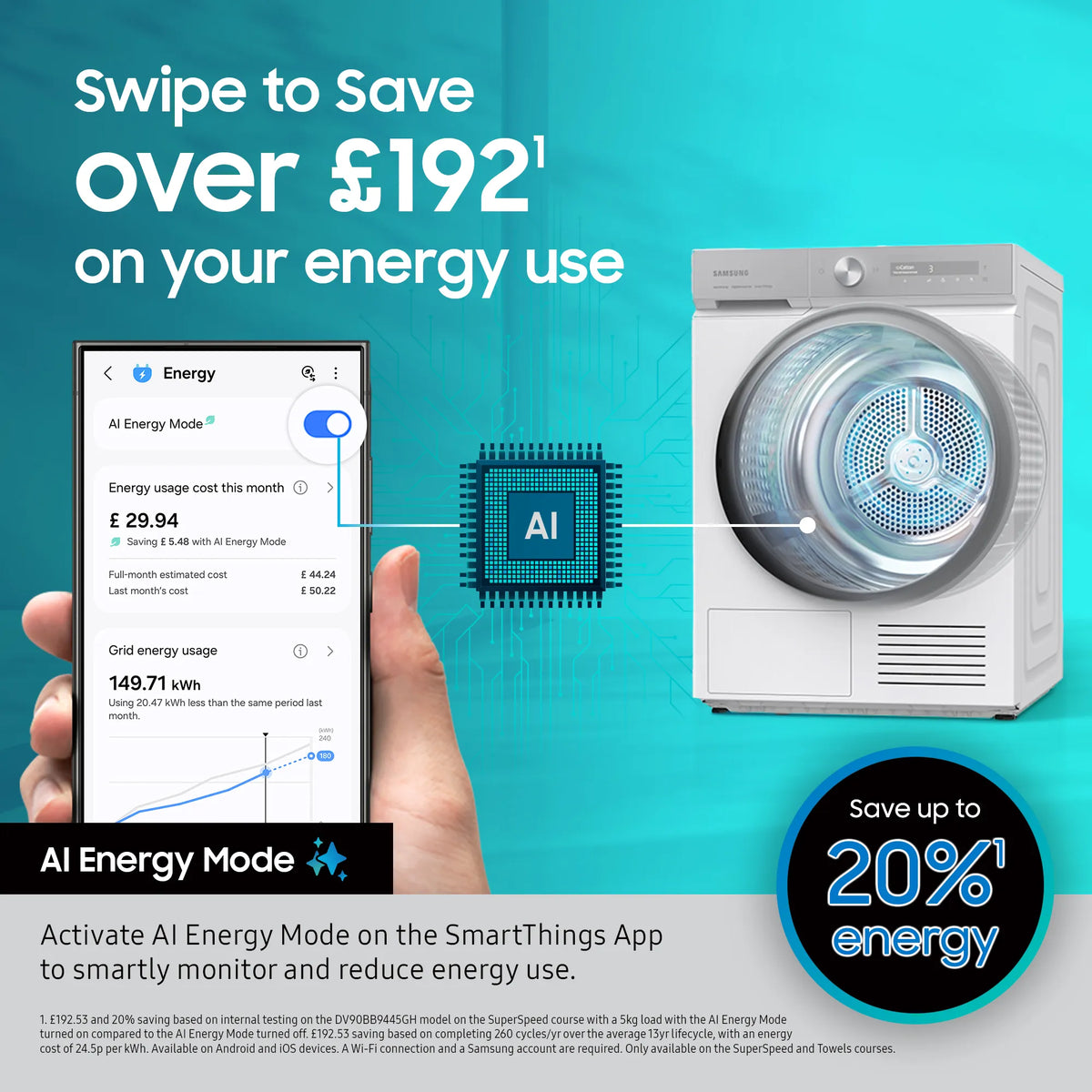 Samsung Series 5 AI Energy 9kg Heat Pump Tumble Dryer White| DV90DG52A0AEEU Samsung Tumble Dryer Redmond Electric, Gorey