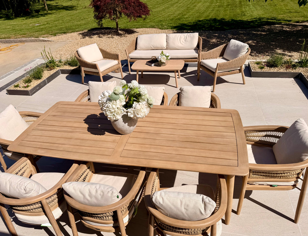 Hera 8 Seat Rattan Dining Wooden Set with Rectangular Table