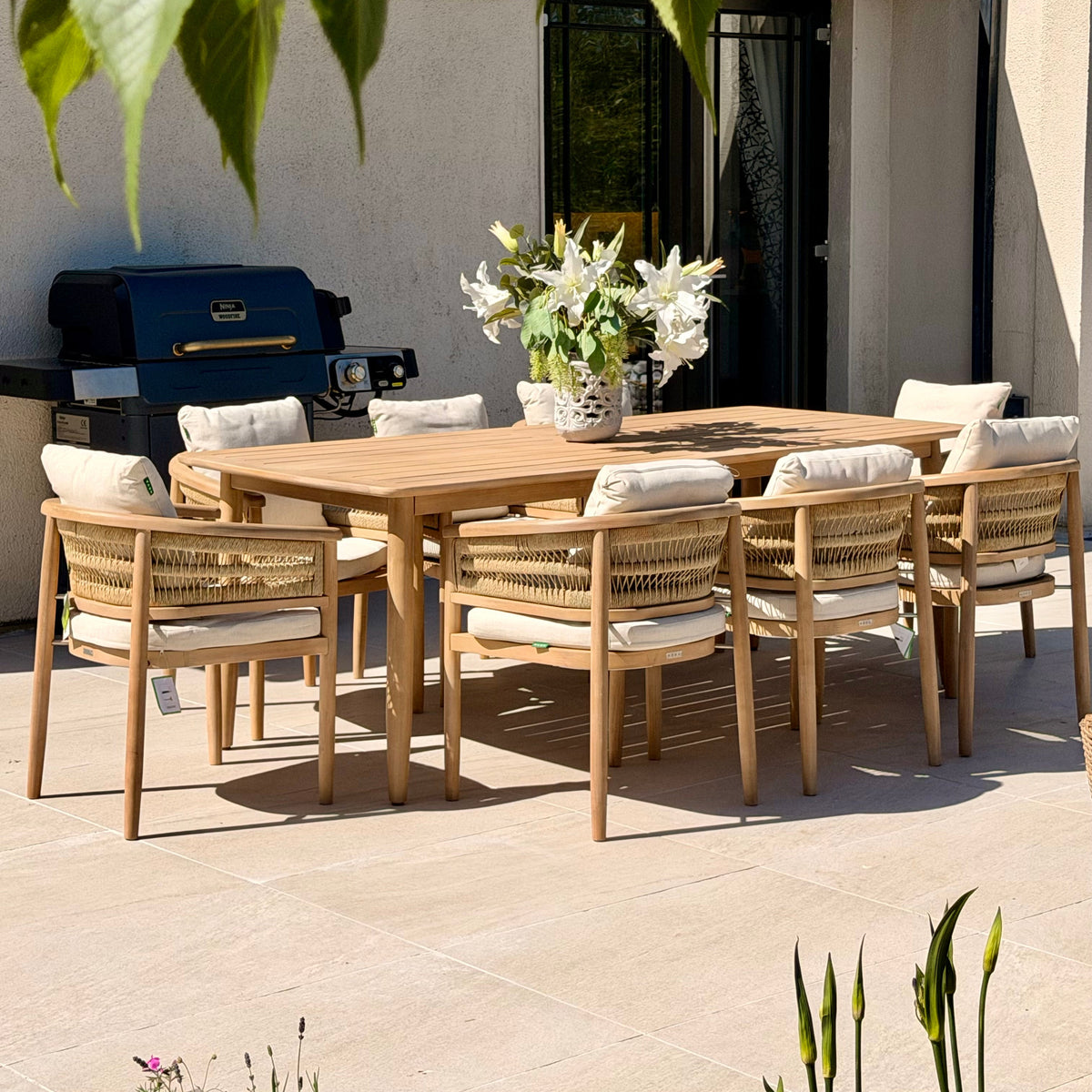 Hera 8 Seat Rattan Dining Wooden Set with Rectangular Table