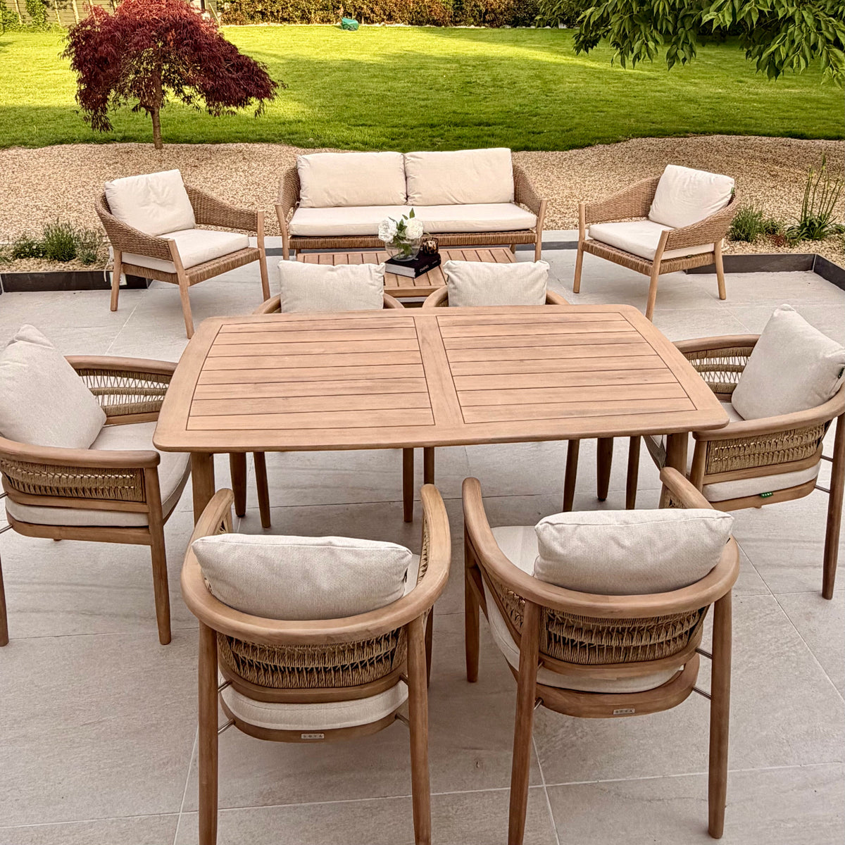 Hera 6 Seat Rattan Dining Wooden Set with Rectangular Table