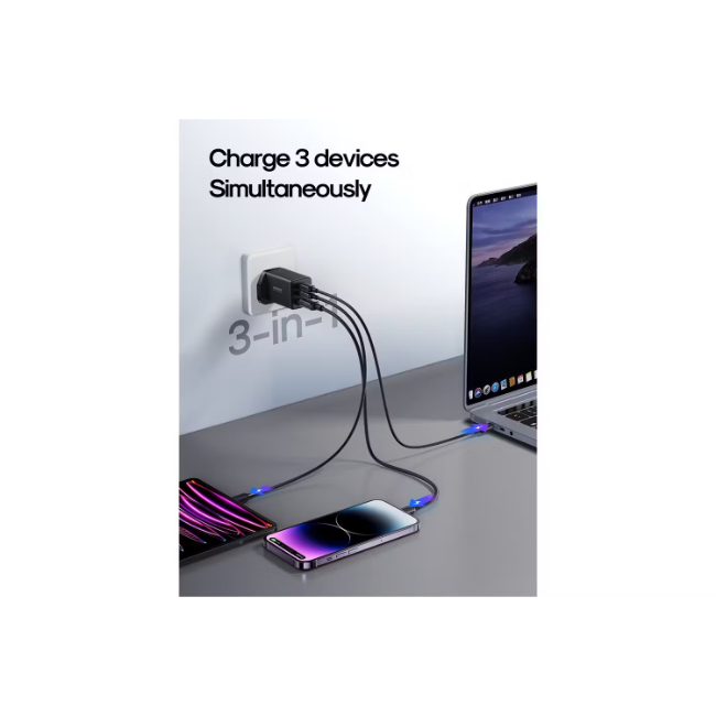 65W GaN 3-Port Fast Charger with USB-C Cable