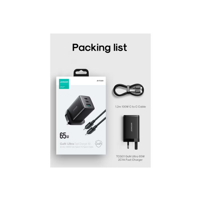 65W GaN 3-Port Fast Charger with USB-C Cable