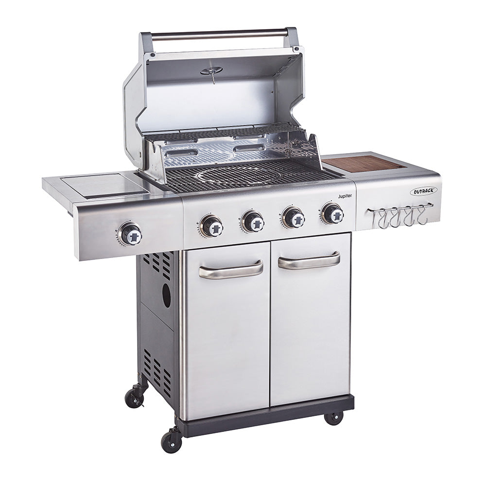 Outback Jupiter 4 Burner Hybrid BBQ with Chopping Board | Stainless Steel - OUT370767 Redmond Electric Gorey