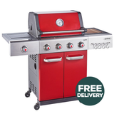 Jupiter 4 Burner Hybrid BBQ with Chopping Board | Red