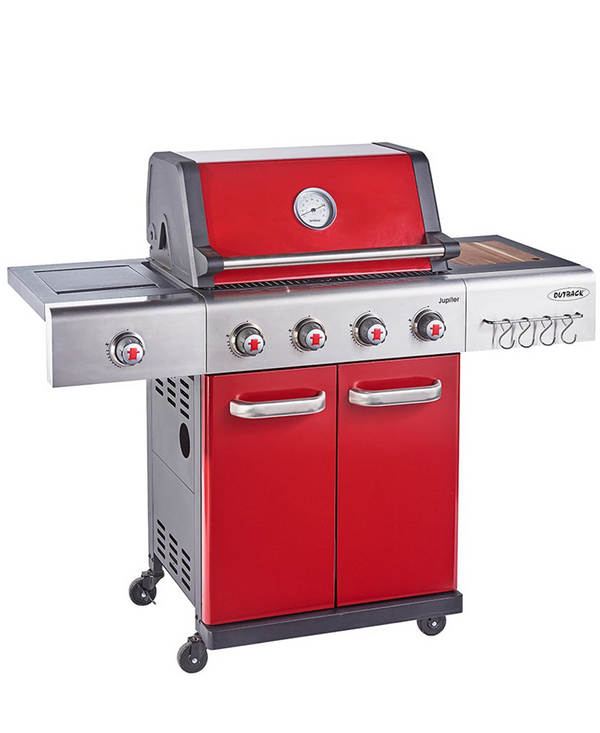 Outback Jupiter 4 Burner Hybrid BBQ with Chopping Board | Red OUT370764 Redmond Electric Gorey