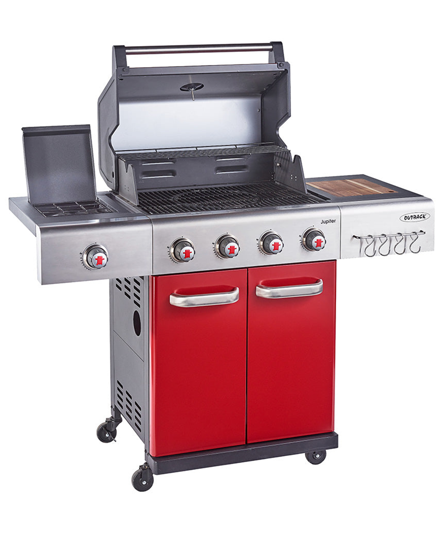 Outback Jupiter 4 Burner Hybrid BBQ with Chopping Board | Red OUT370764 Redmond Electric Gorey
