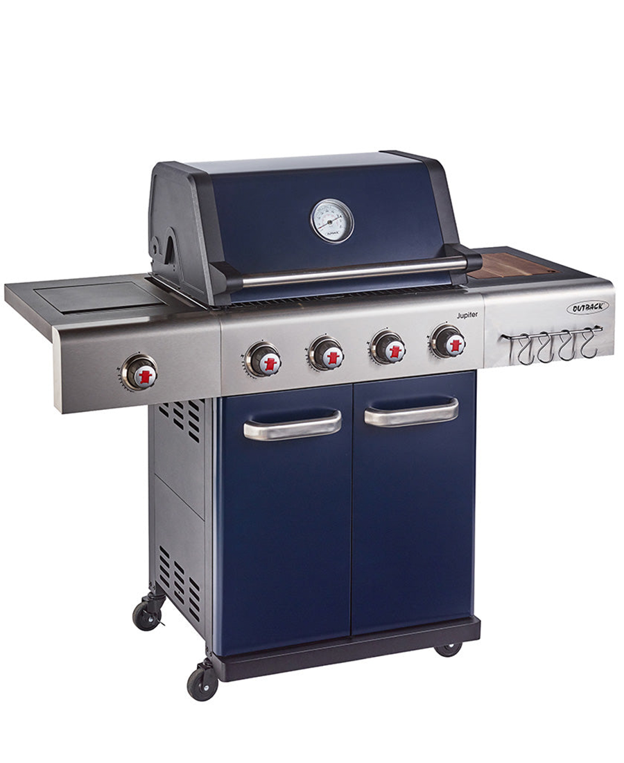 Outback Jupiter 4 Burner Hybrid BBQ with Chopping Board | Blue OUT370766 Redmond Electric Gorey