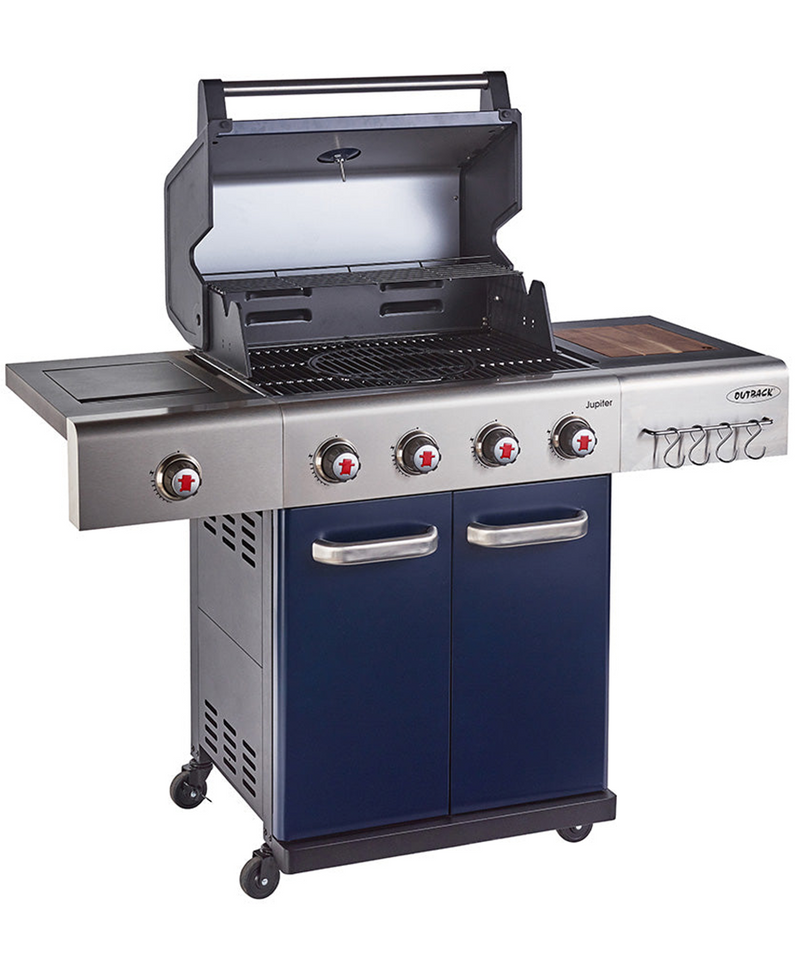 Outback Jupiter 4 Burner Hybrid BBQ with Chopping Board | Blue OUT370766 Redmond Electric Gorey