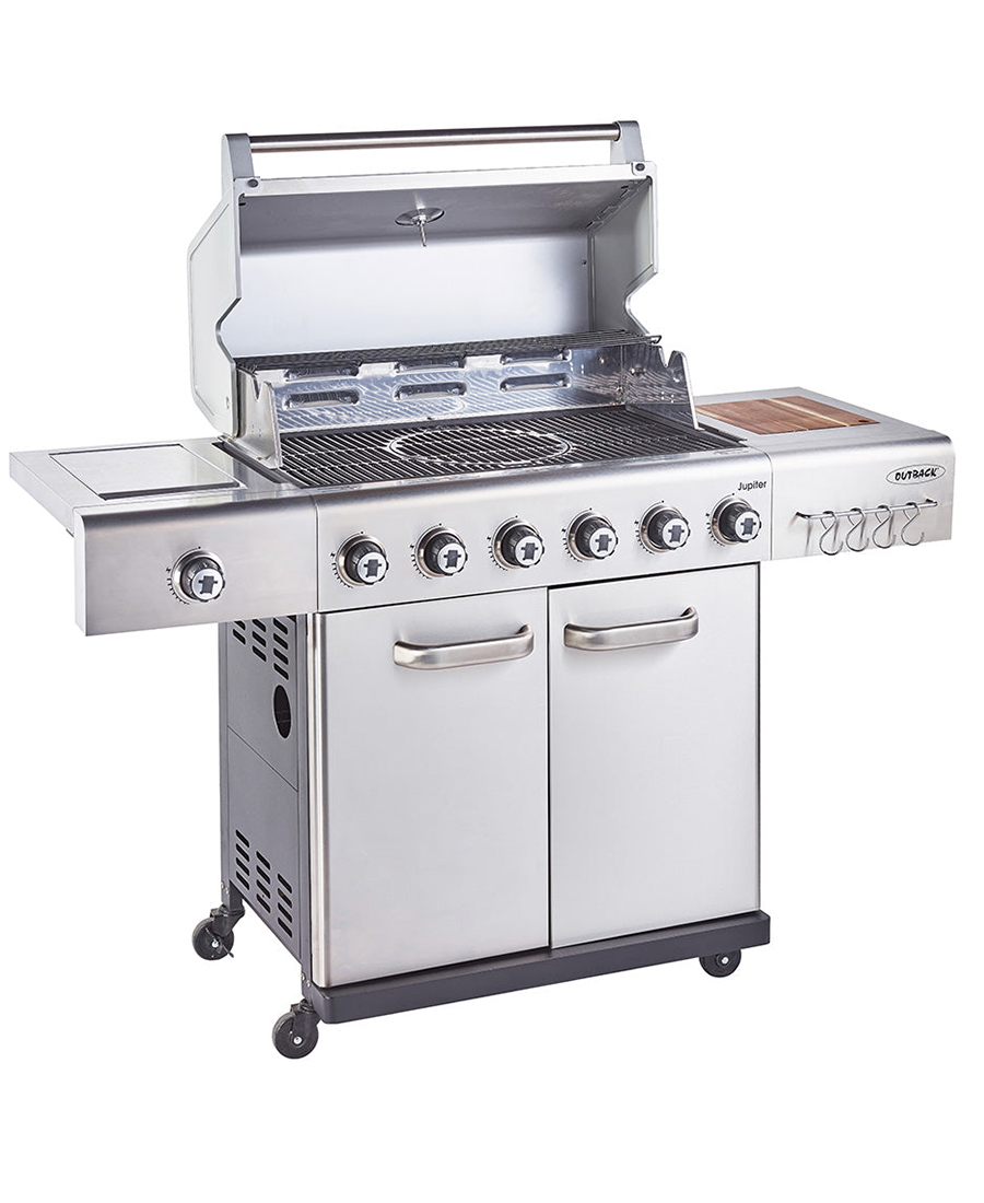 Outback Jupiter 6 Burner Hybrid BBQ with Chopping Board | Stainless Steel OUT370768 Redmond Electric Gorey
