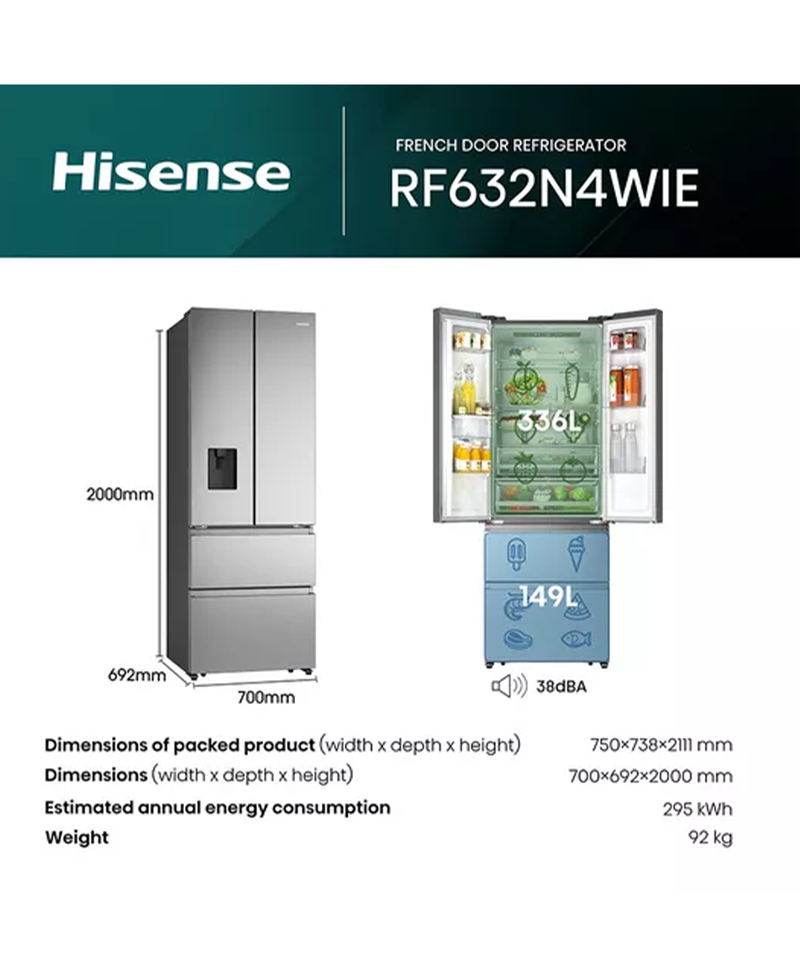 Hisense PureFlat Slim French Door Fridge Freezer | 200cm (H) | Stainless Steel RF632N4WIE Redmond Electric Gorey