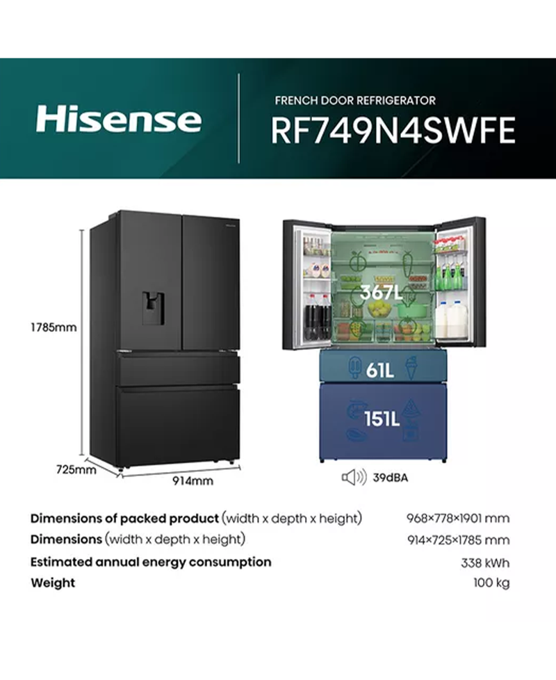 Hisense Pureflat French Door, American Fridge Freezer | Black Stainless Steel - RF749N4SWFE Redmond Electric Gorey