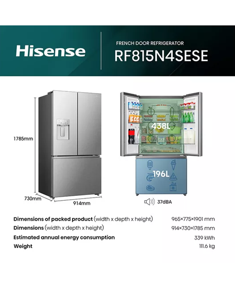 Hisense PureFlat French Door Fridge Freezer | 179cm (H) | Stainless Steel Redmond Electric Gorey