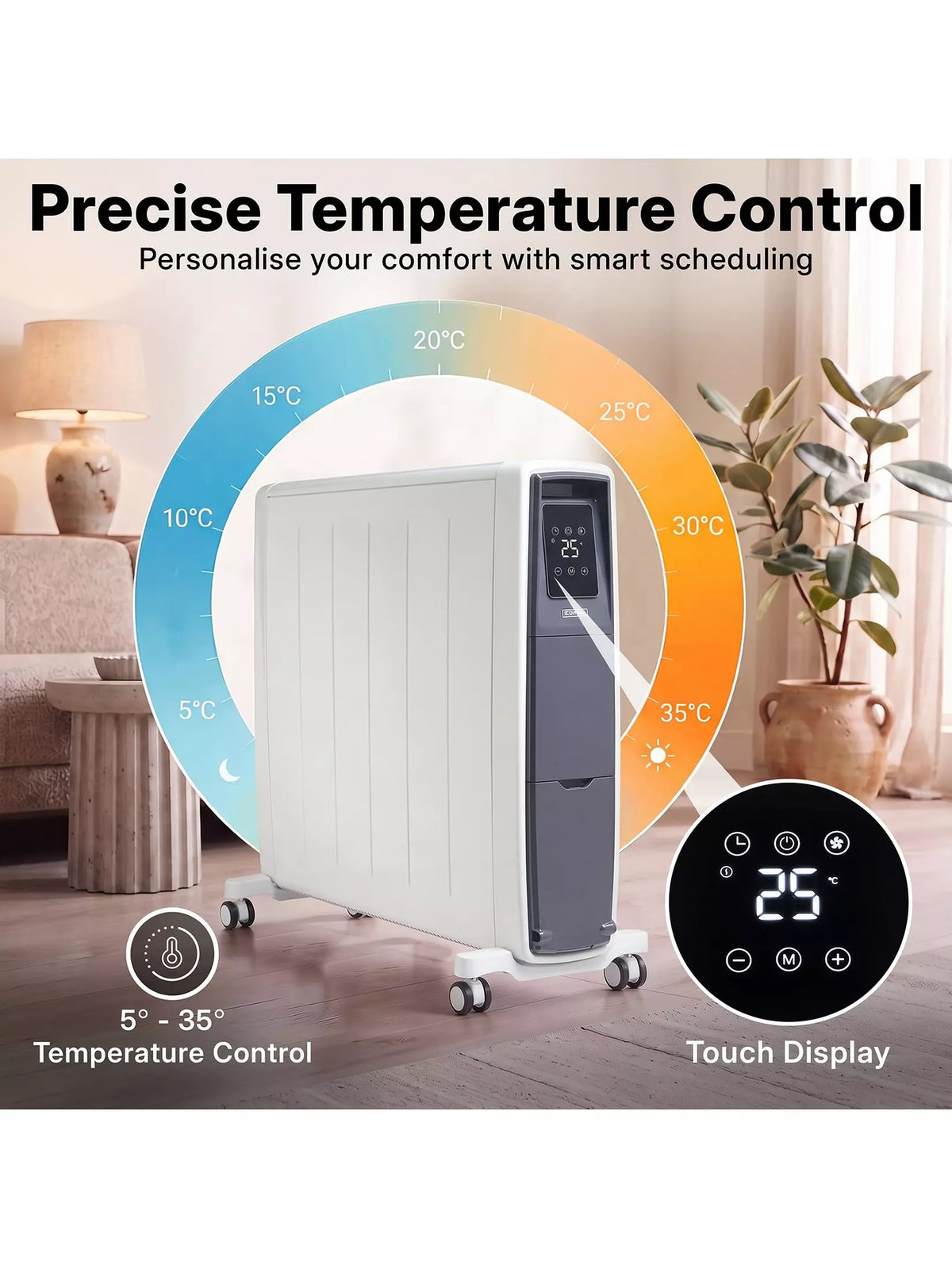 3kW Smart Oil-Free Column Radiator with Wi-Fi & LED Touchscreen – White | FUT3001