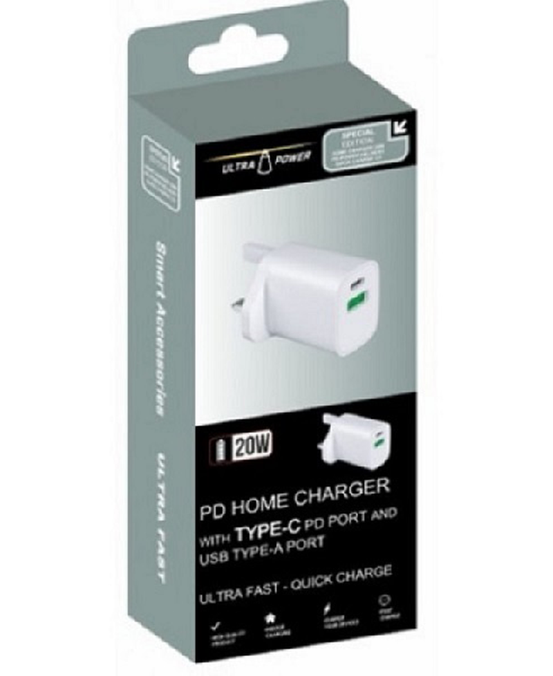 Ultra Power 20 Watt PD Charger with USB & Type C | White AC0220 Redmond Electric Gorey