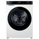 White Haier washing machine with black door on a white background