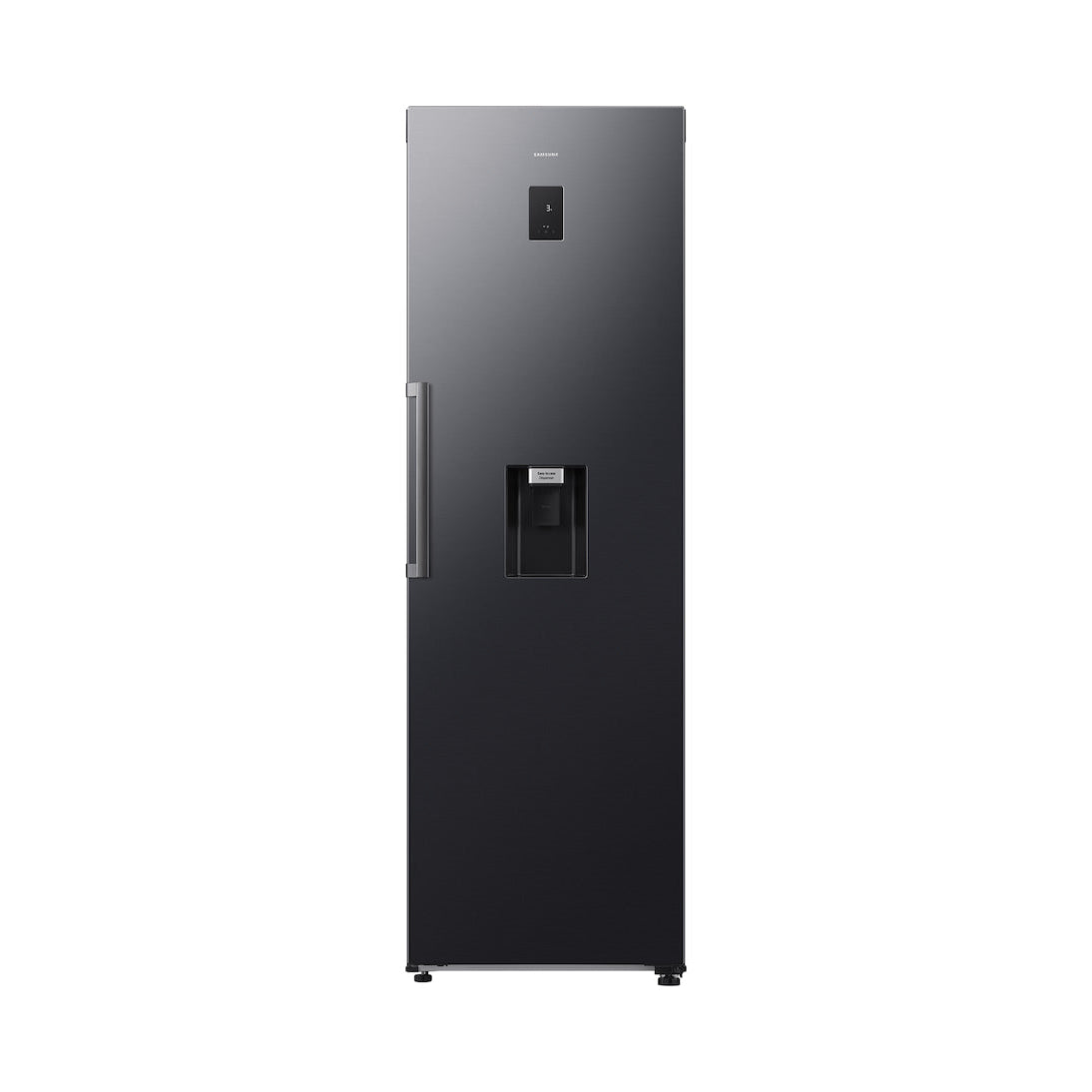 A tall, single-door refrigerator with a dark gray to black gradient finish, featuring a vertical handle, a water and ice dispenser on the lower front, and a small digital display near the top, shown against a plain white background.