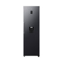 A tall, single-door refrigerator with a dark gray to black gradient finish, featuring a vertical handle, a water and ice dispenser on the lower front, and a small digital display near the top, shown against a plain white background.