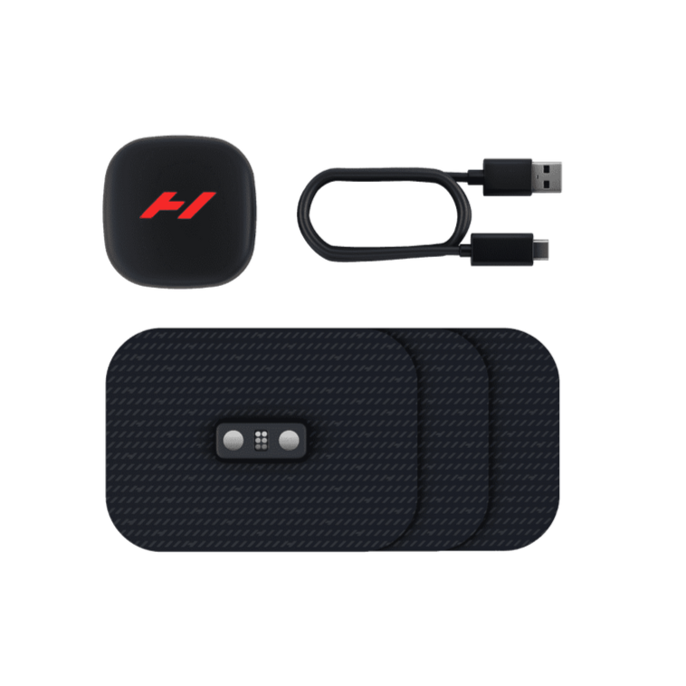 Black venom go electronic device with a USB cable and charging case on a transparent background